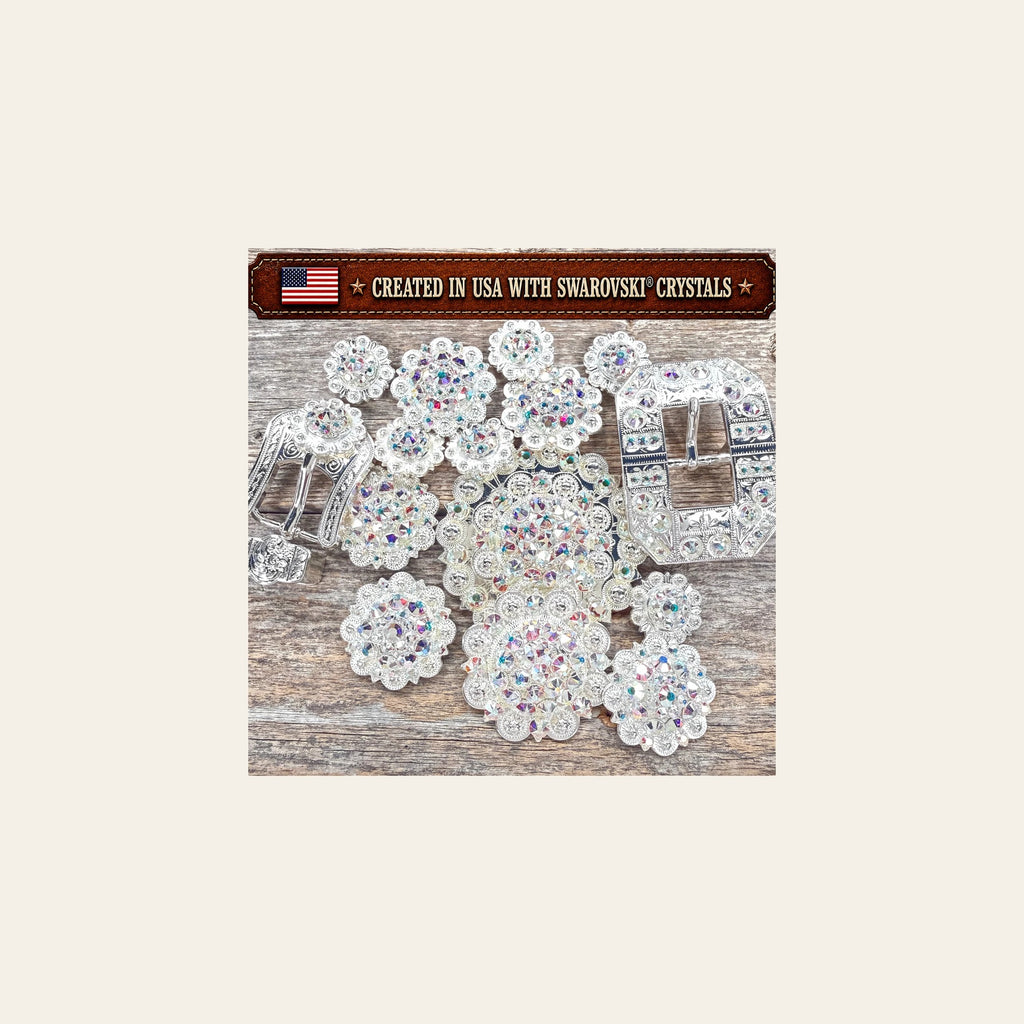 Bright Silver AB Crystal Conchos | Sizes 1"- 3" | Buckles | Saddle Set | Leather Rosettes | Slide on a warm cream background