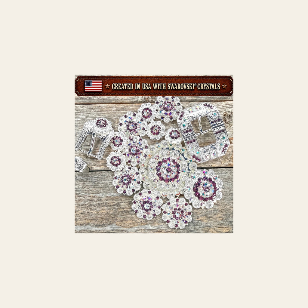Bright Silver Amethyst - AB Crystal Conchos | Sizes 1"- 3" | Buckles | Saddle Set | Leather Rosettes | Slide on a warm cream background