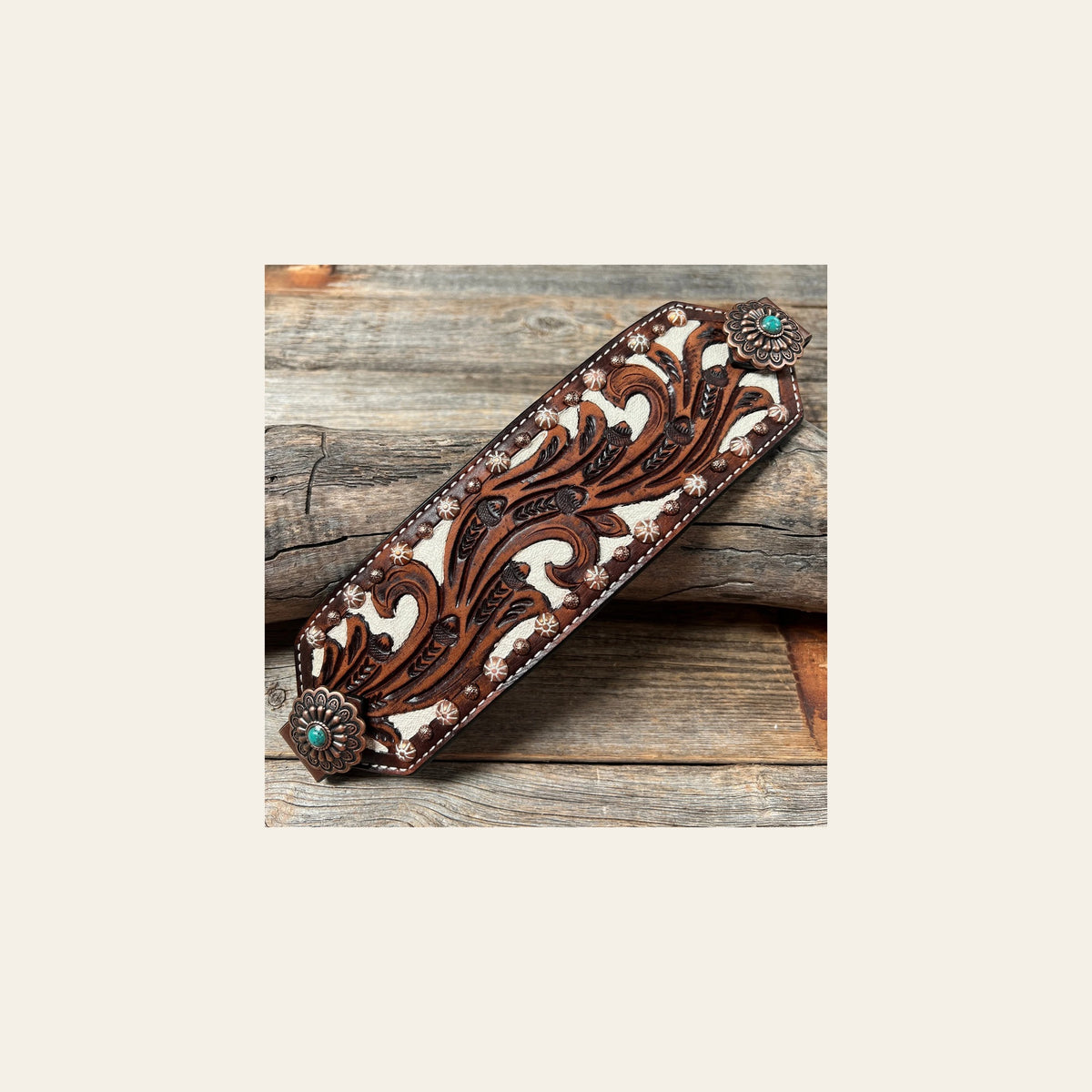 Bronc Noseband With Green Turquoise Conchos on a warm cream background