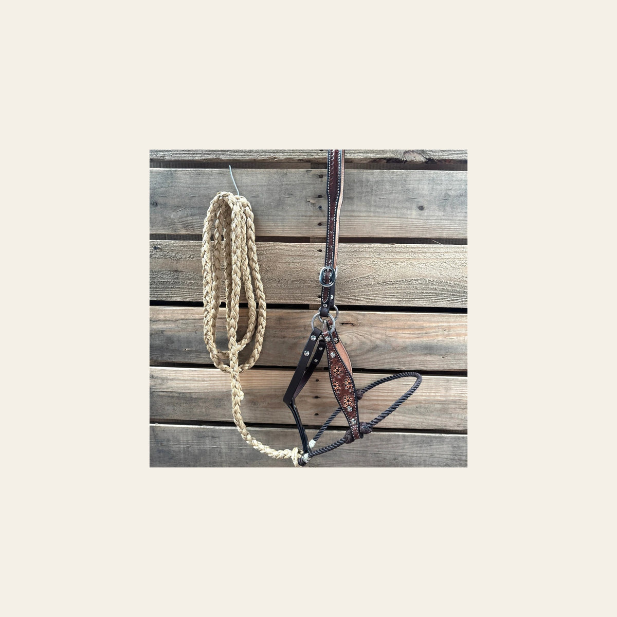 Brown Flower Power Tooled Lariat & Leather Combo Halter on a warm cream background