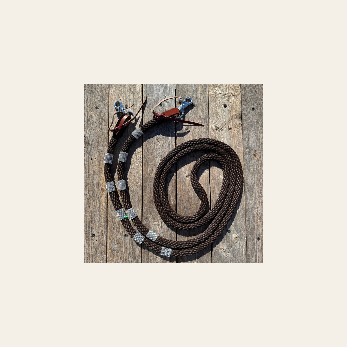 Brown Nylon Barrel Racing Reins with Rhinestones #BNR102 on a warm cream background