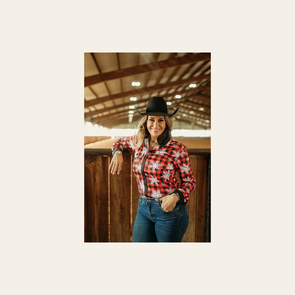 Buffalo Snowflake Performance Rodeo Shirt on a warm cream background