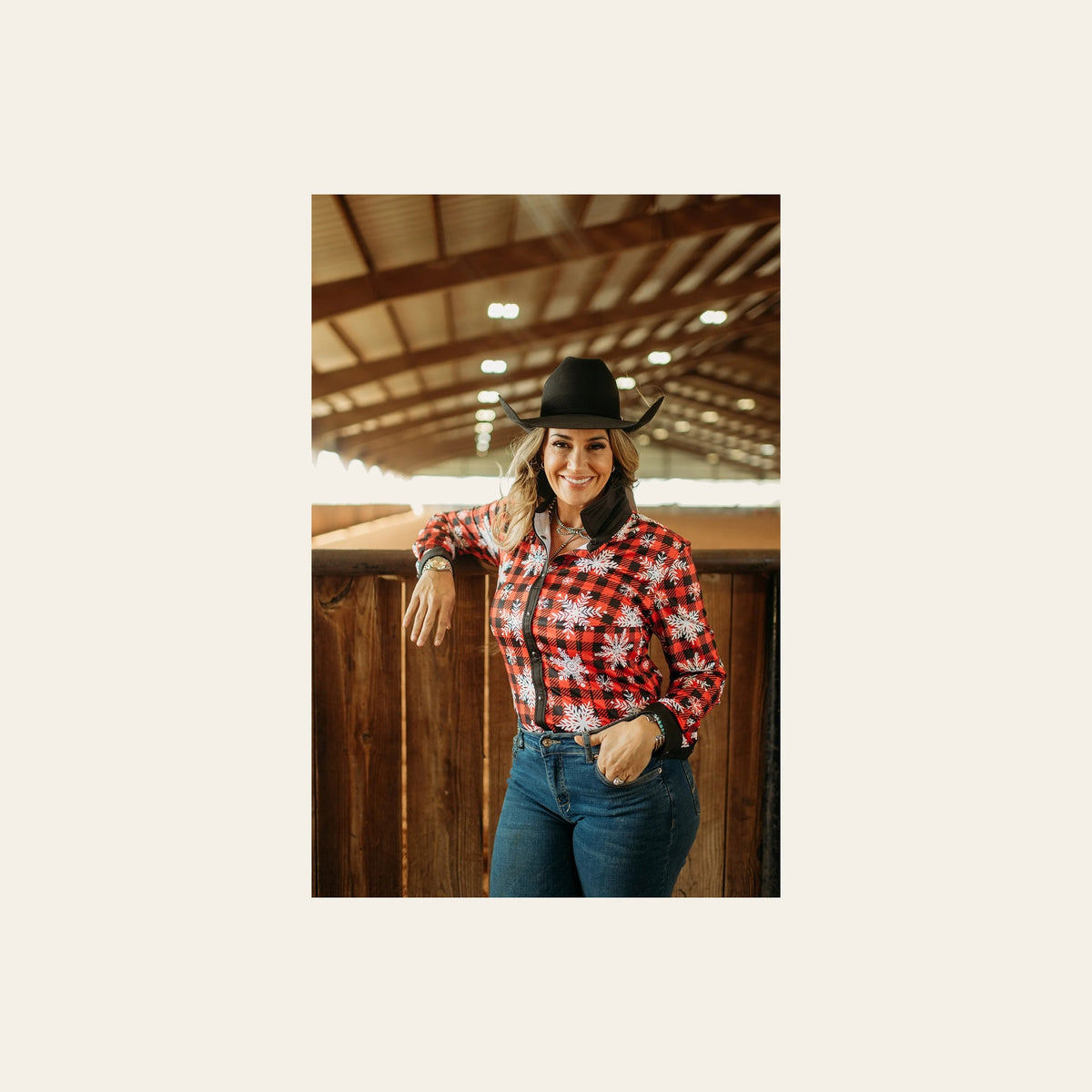 Buffalo Snowflake Performance Rodeo Shirt on a warm cream background