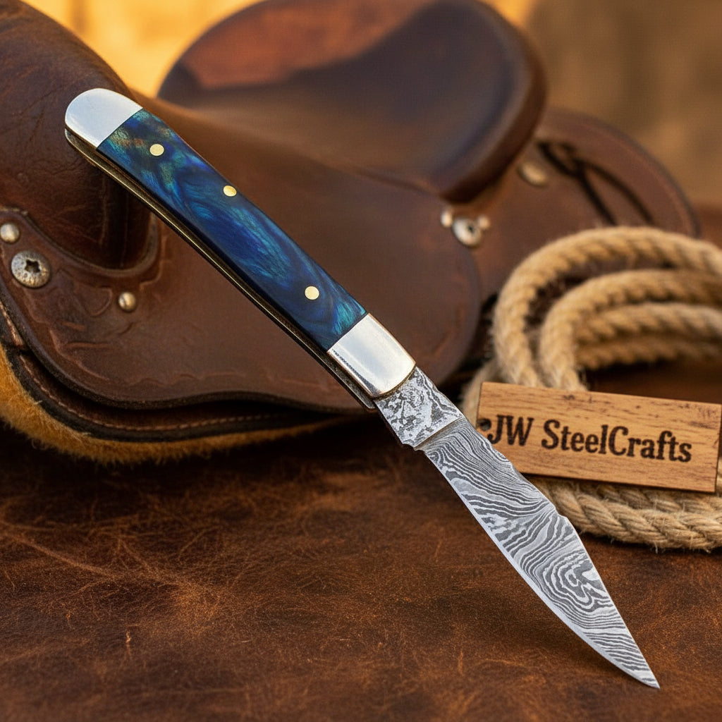 Custom Damascus Trapper Folding Knife – Blue Pakka Wood