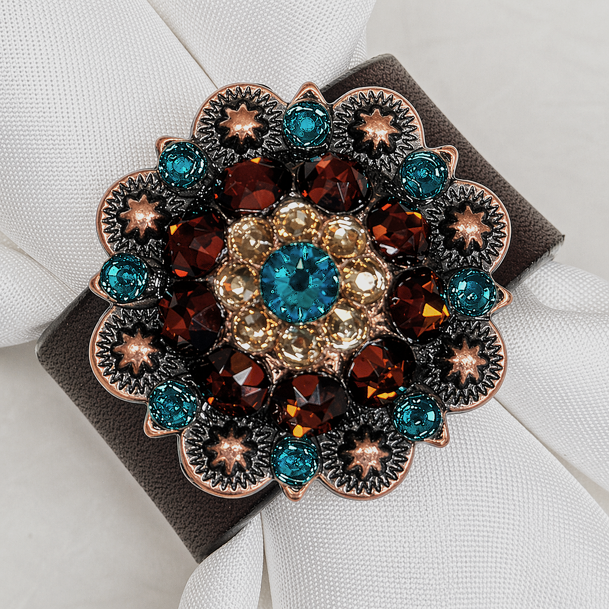 Copper Teal/Champagne/Topaz Crystal Concho Napkin Ring #CNR102 — view 2