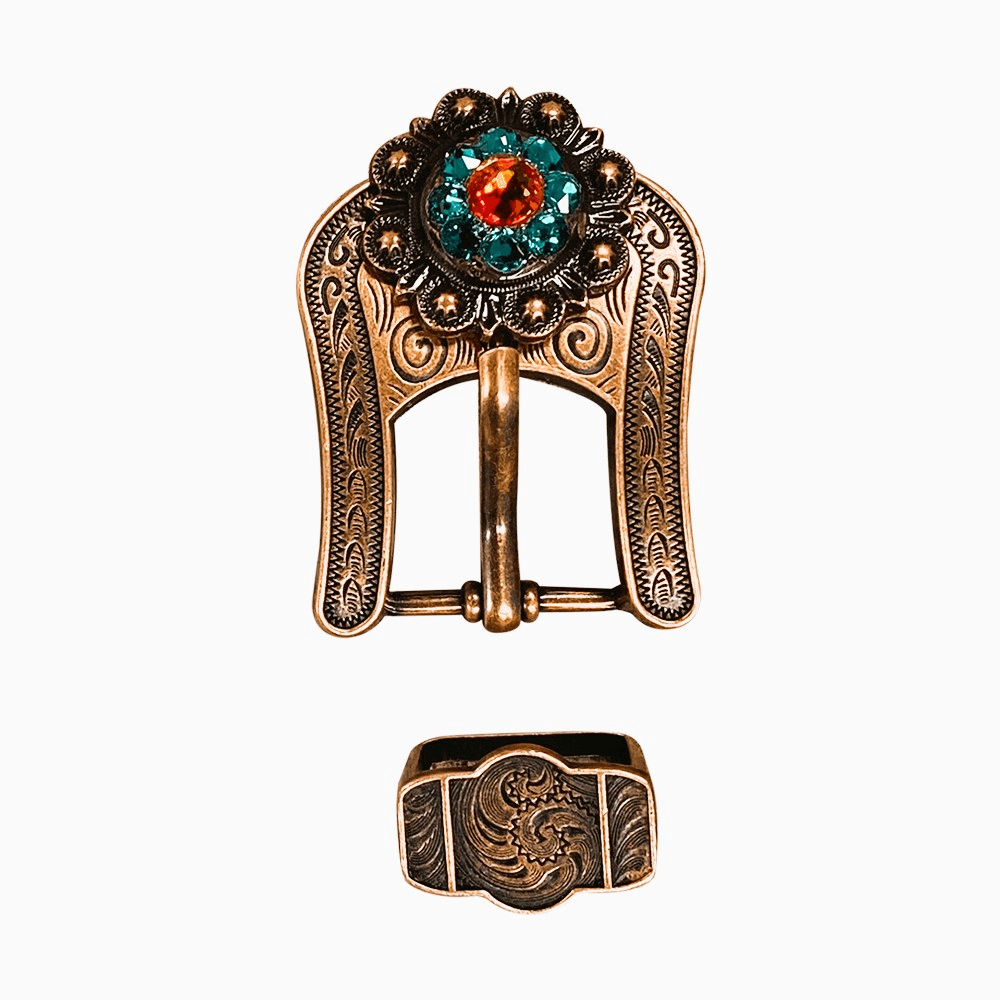 Fire Opal Teal & AB Copper European Crystal Buckle Keeper Set
