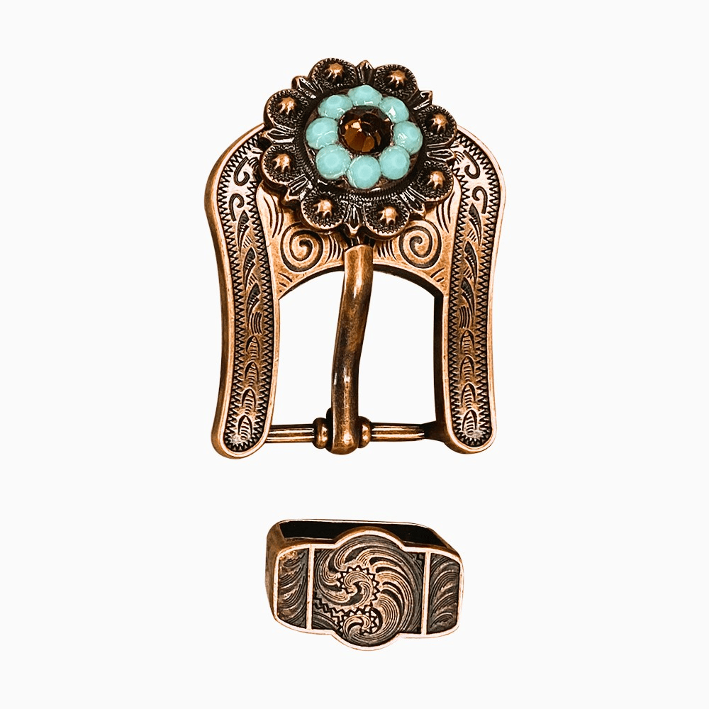 Topaz Turquoise & AB Copper European Crystal Buckle Keeper Set