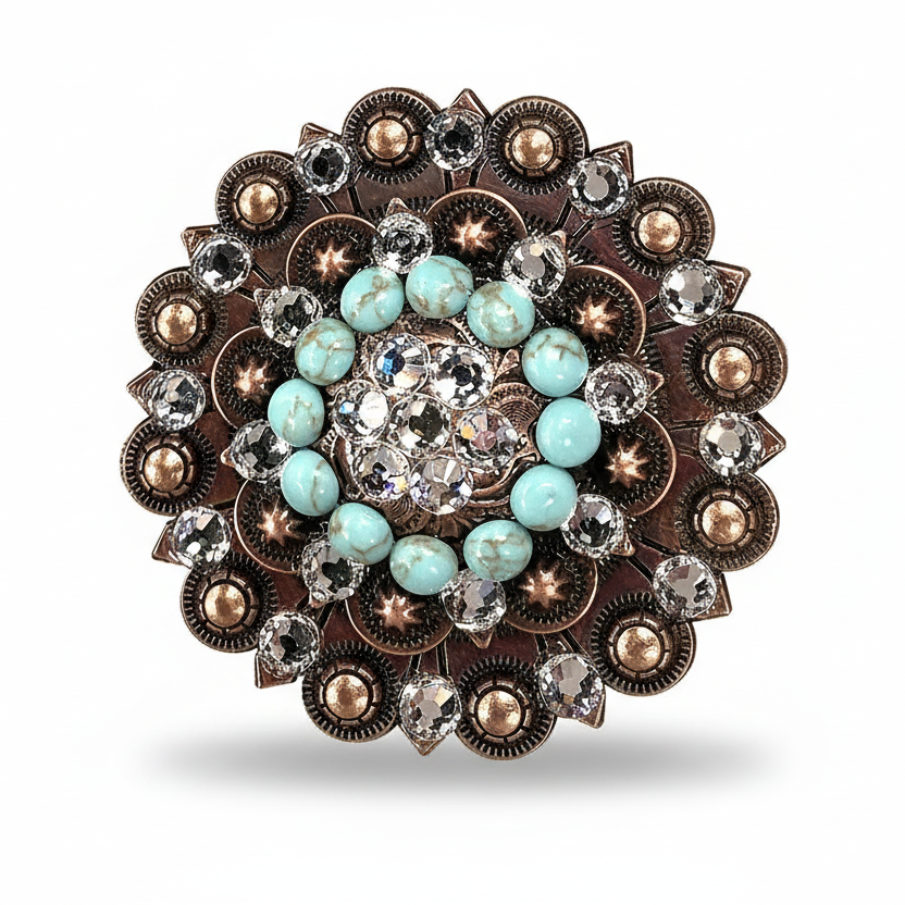Copper Turquoise - Clear Crystal Conchos | Sizes 1"- 3" | Buckles | Saddle Set | Leather Rosettes | Slide — view 6