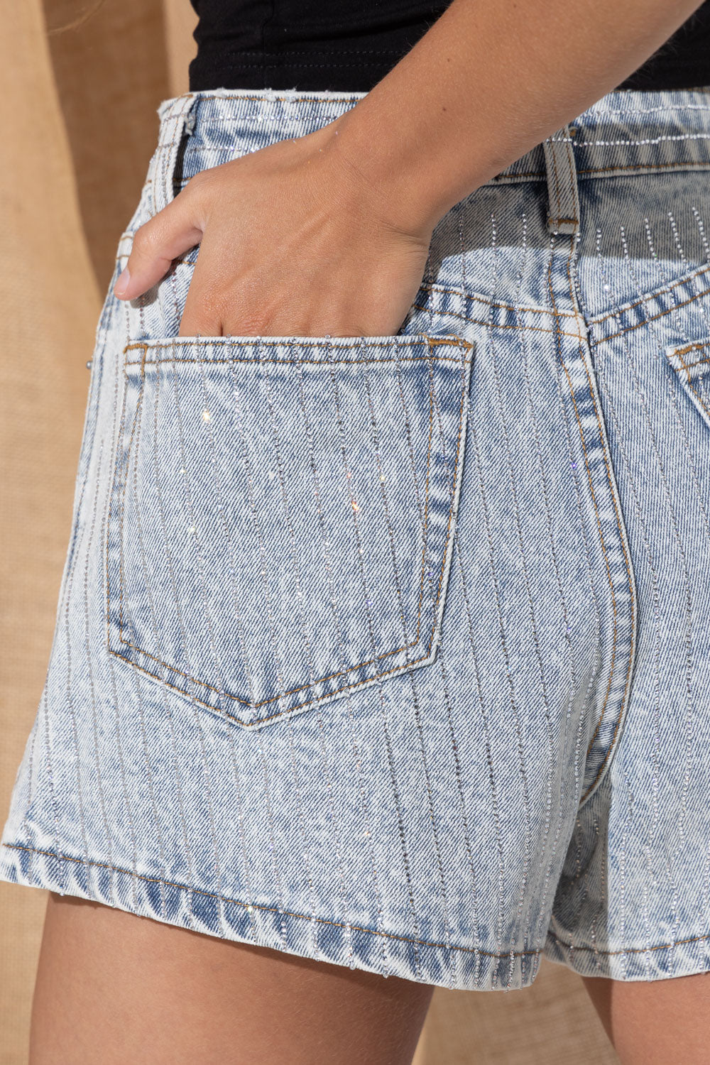Crystal Pinstripe Light Wash Denim | Shorts — view 3