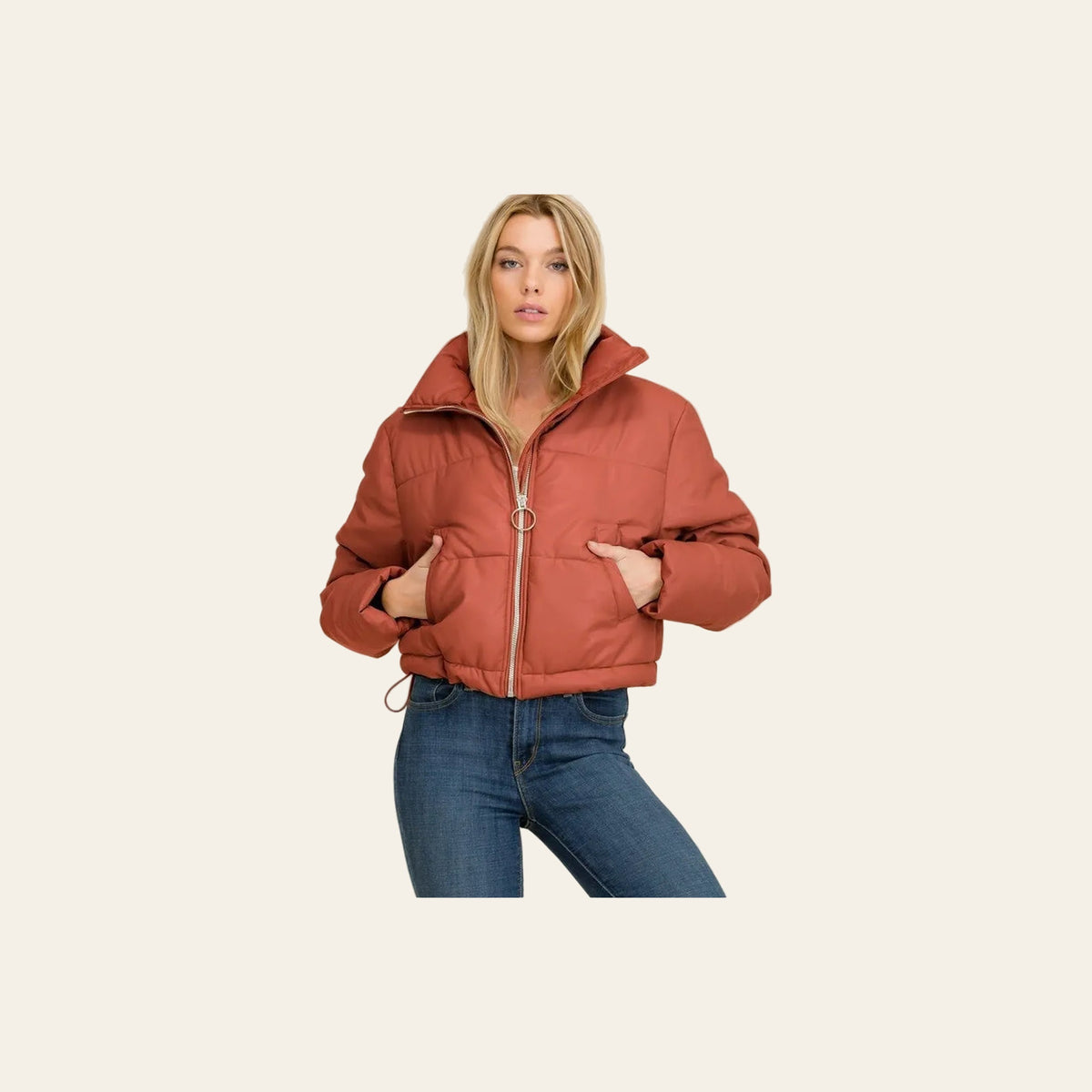 Camel Faux Leather Cropped Puffer Jacket on a warm cream background