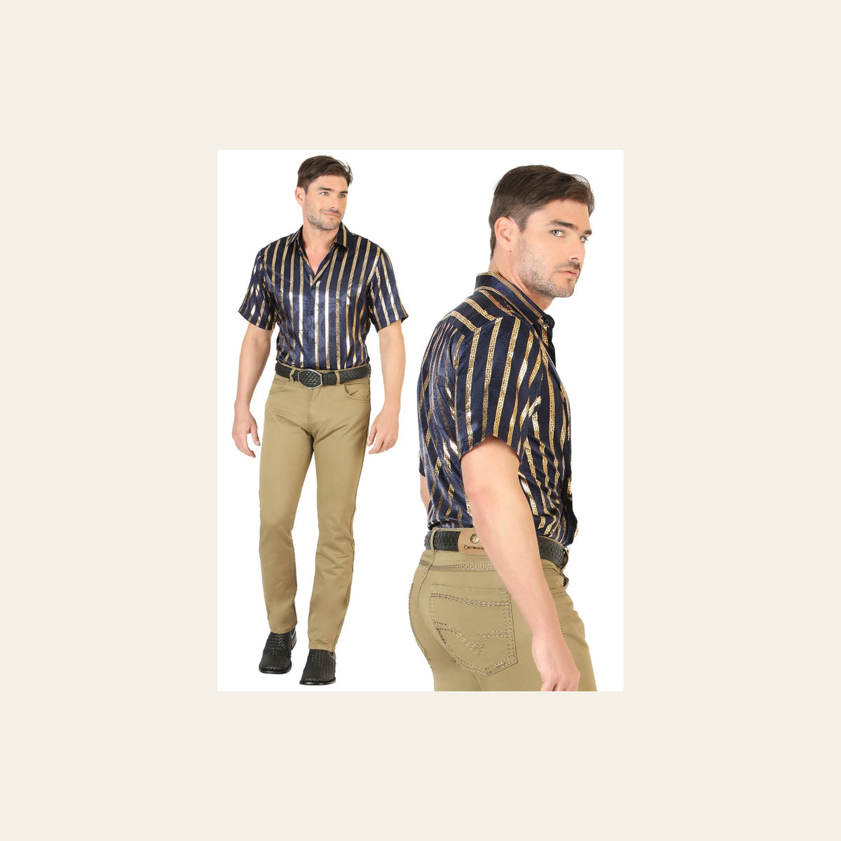 Centenario Extra Slim Fit Denim Pants - Khaki 45542 on a warm cream background