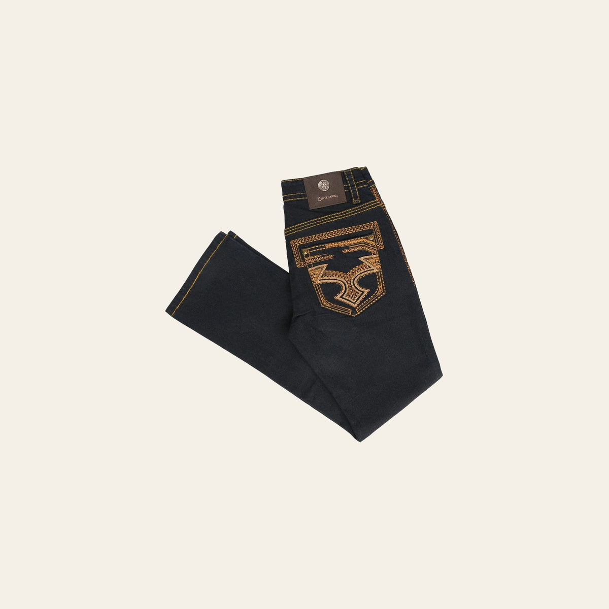 Centenario Men's Rinse Blue Denim with Gold Embroidered Details 45313 on a warm cream background