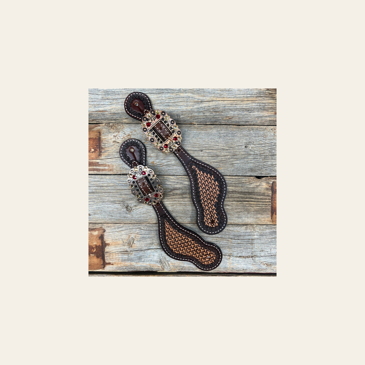 Two Tone Foxtail Ruby/Jet/Champagne Spur Straps #SS128 on a warm cream background