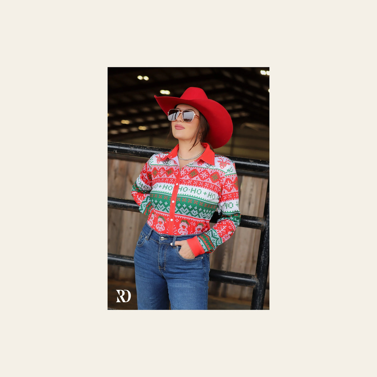Christmas Sweater Performance Rodeo Shirt on a warm cream background