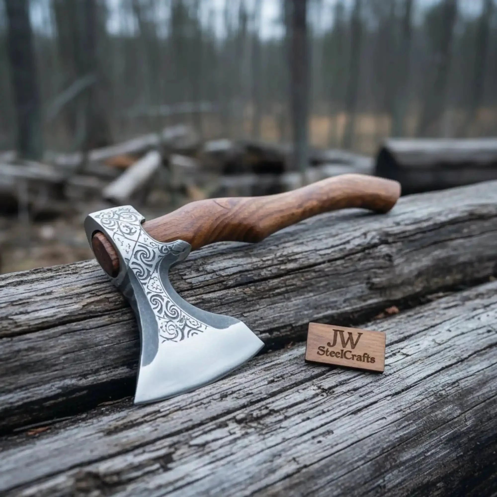 Hand-Engraved Nordic Hatchet, Polished Carbon Steel Head, Curved Hardwood Handle | JW SteelCrafts