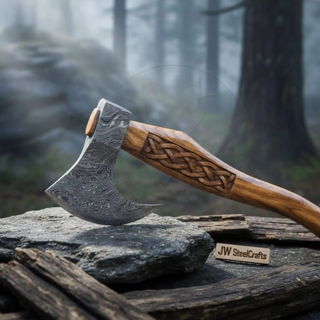Fellmark Steel Camp Axe with Carved Nordic Knotwork Rosewood Handle