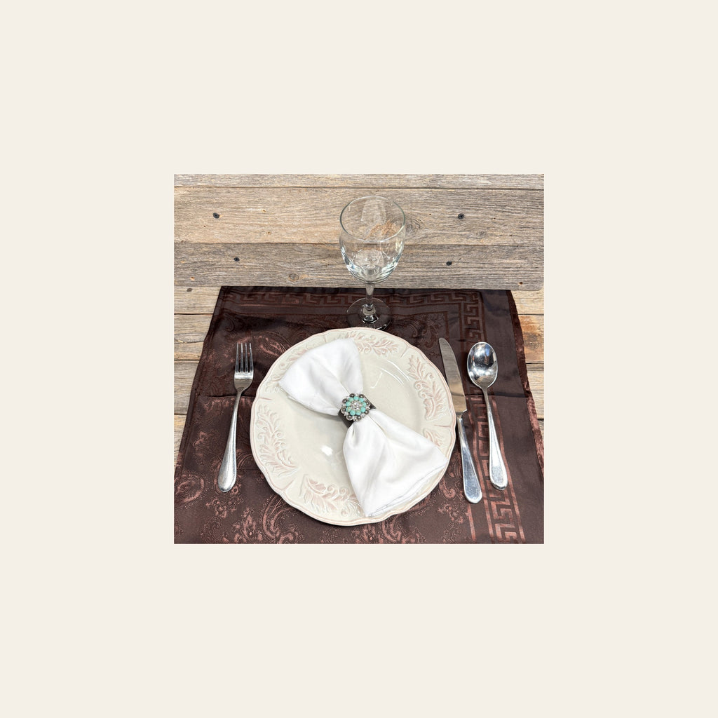 Antique Silver Turquoise/Clear Crystal Concho Napkin Ring #CNR105 on a warm cream background