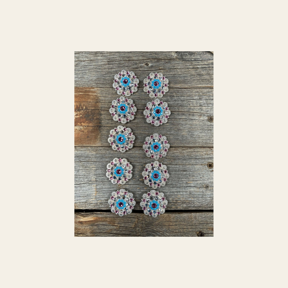 Clearance Bundle Concho Set Bright Silver Pink, Turquoise, & Clear #BUN11 on a warm cream background