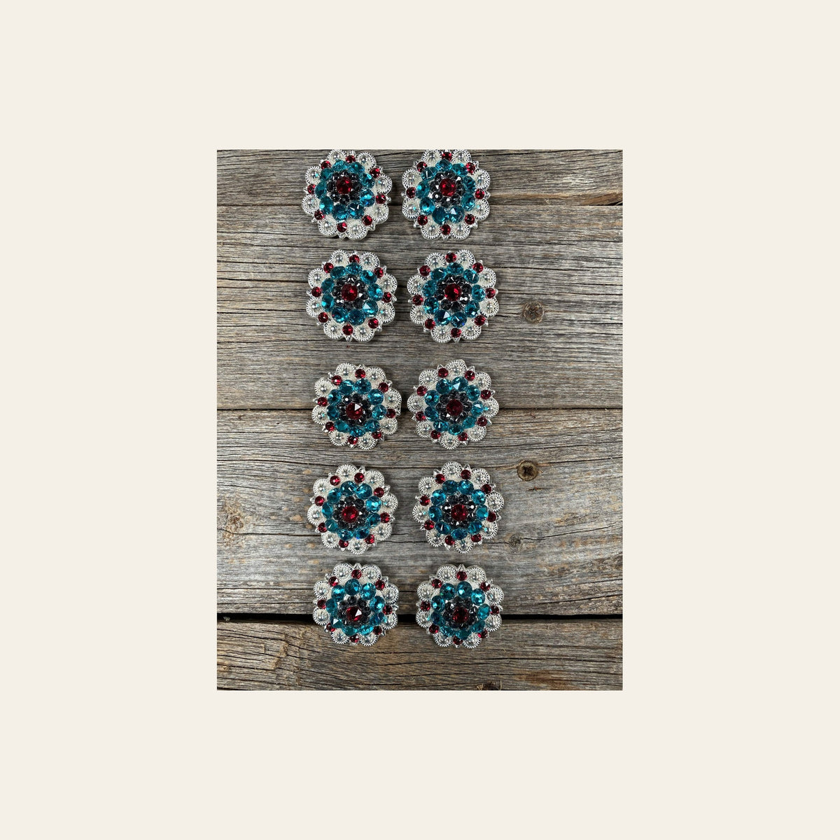Clearance Bundle Concho Set Bright Silver Ruby, Jet, & Teal #BUN10 on a warm cream background