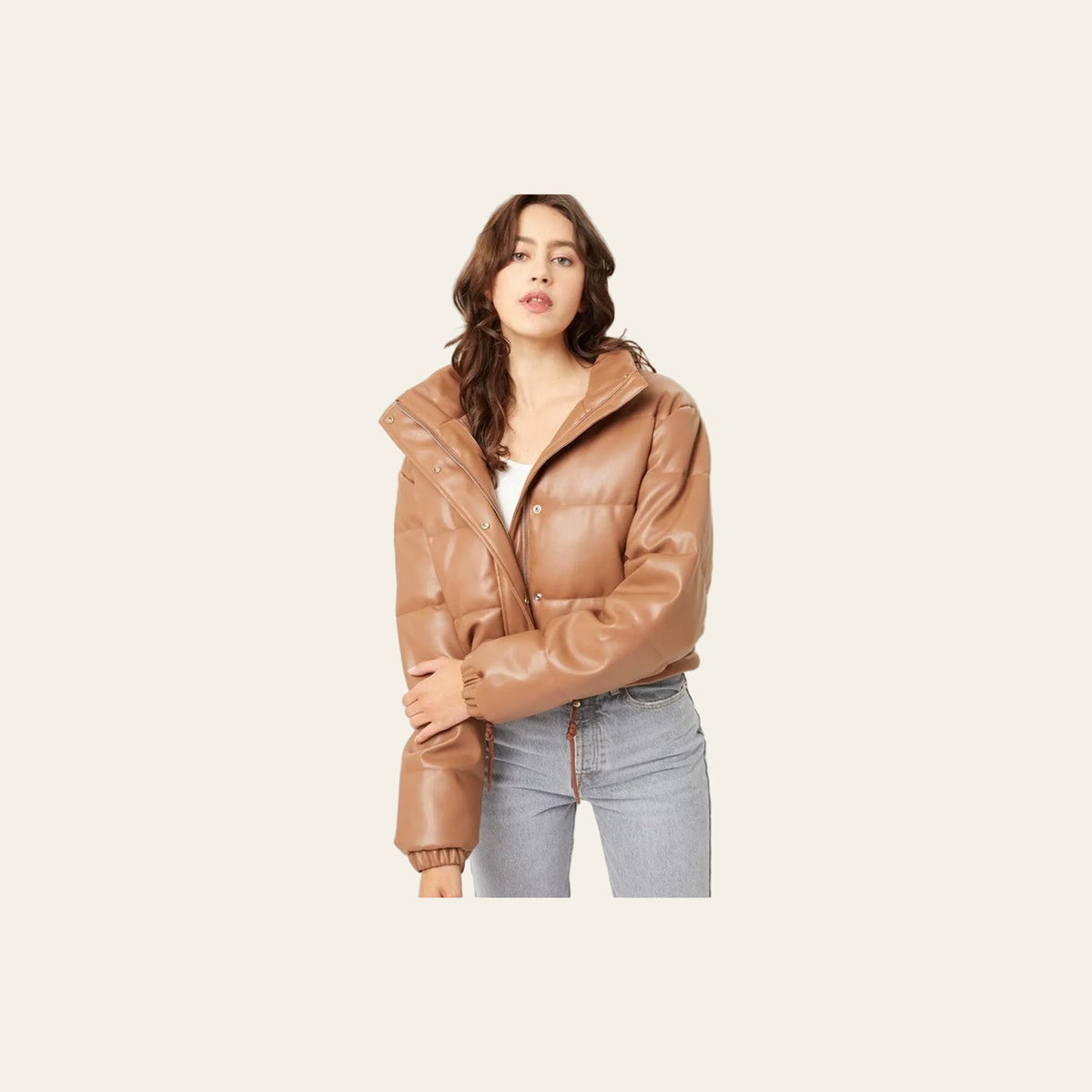 Cocoa Puffer Jacket on a warm cream background