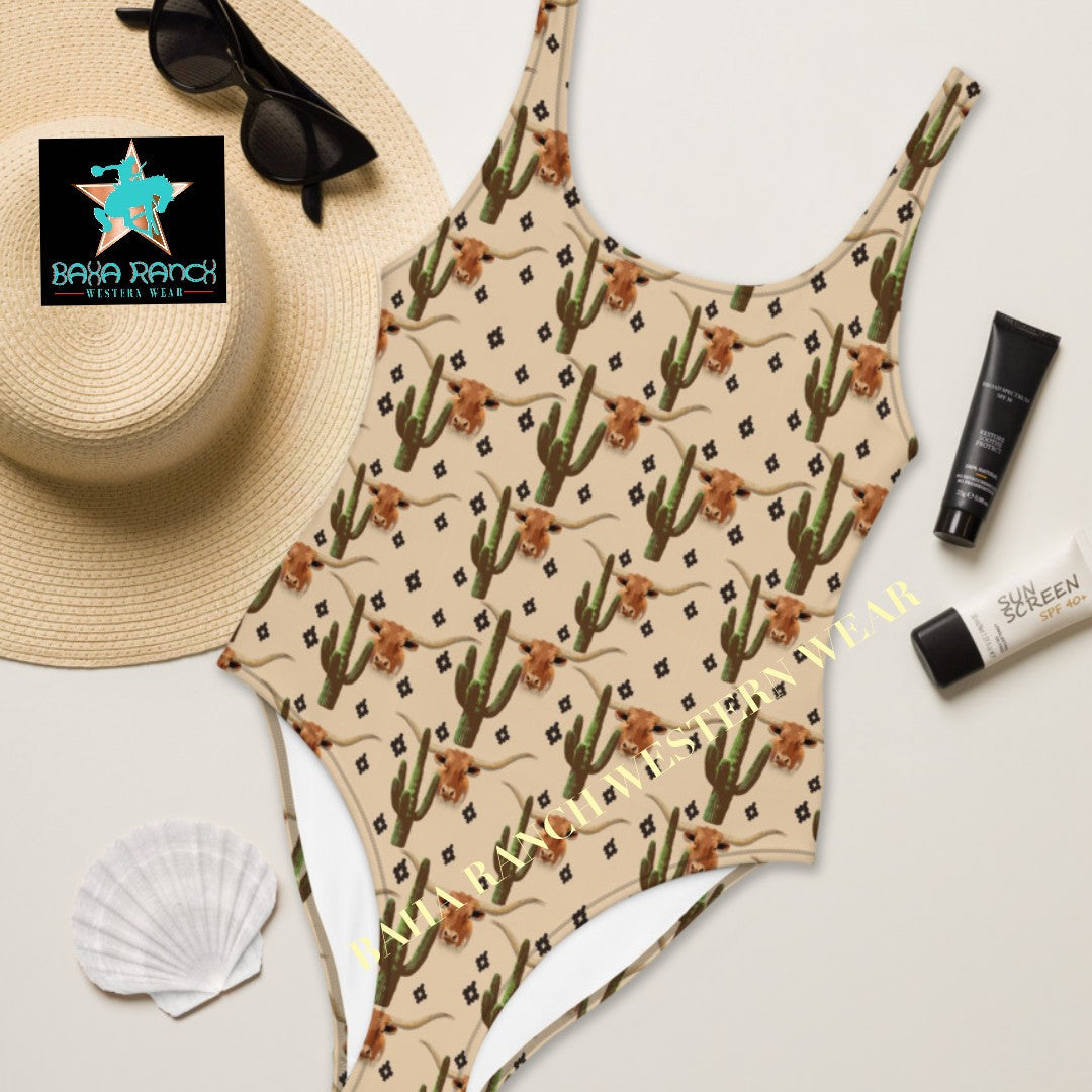 Yeehaw Longhorn Ranch Cactus One-Piece Swimsuit by Baha Ranch Western Wear