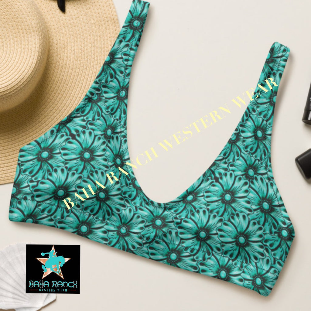 Baha Ranch Yeehaw Turquoise Floral Leather Print Bikini Top by Baha Ranch Western Wear