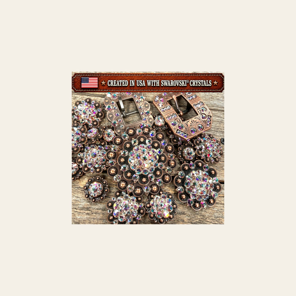 Copper AB Crystal Conchos | Sizes 1"- 3" | Buckles | Saddle Set | Leather Rosettes | Slide on a warm cream background