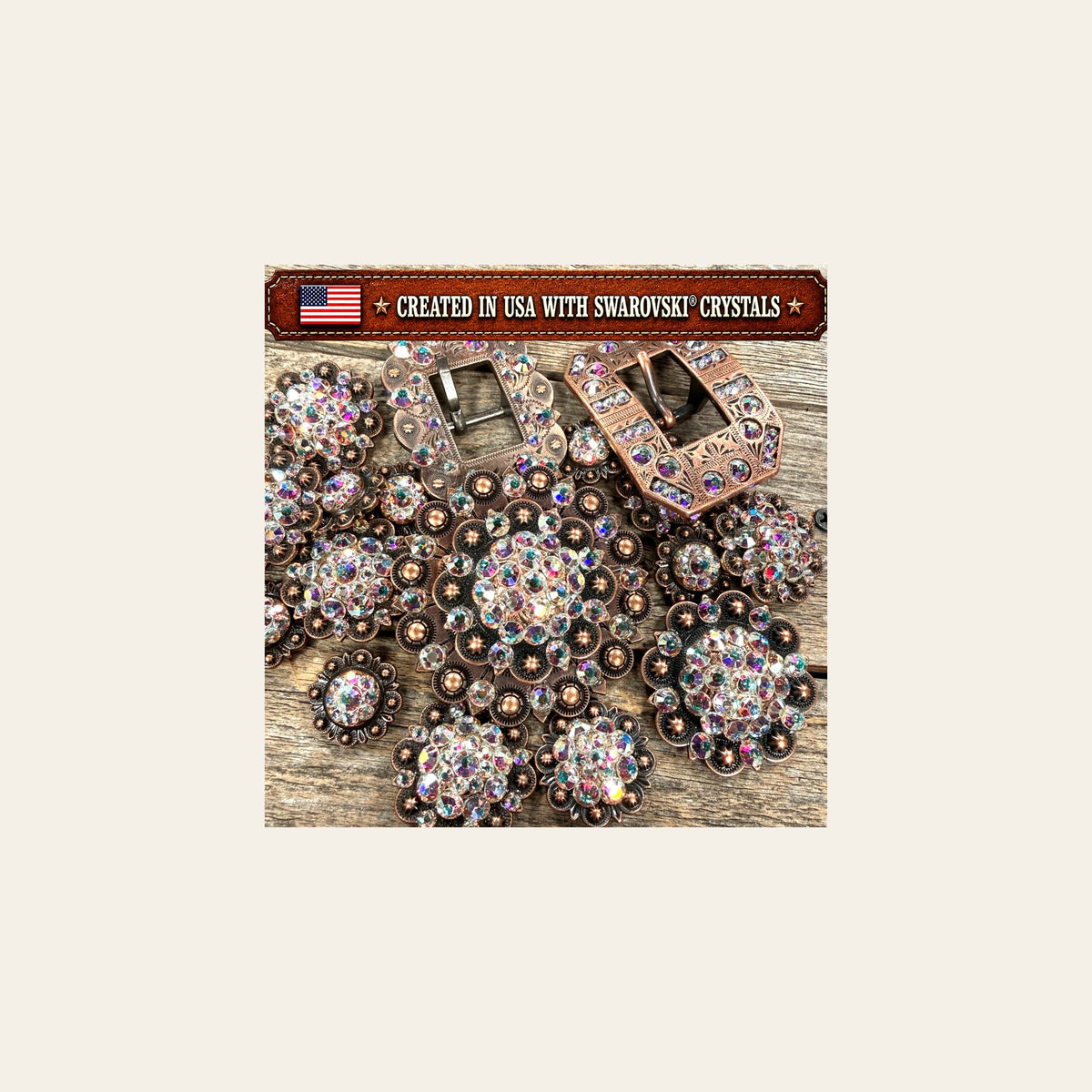 Copper AB Crystal Conchos | Sizes 1"- 3" | Buckles | Saddle Set | Leather Rosettes | Slide on a warm cream background