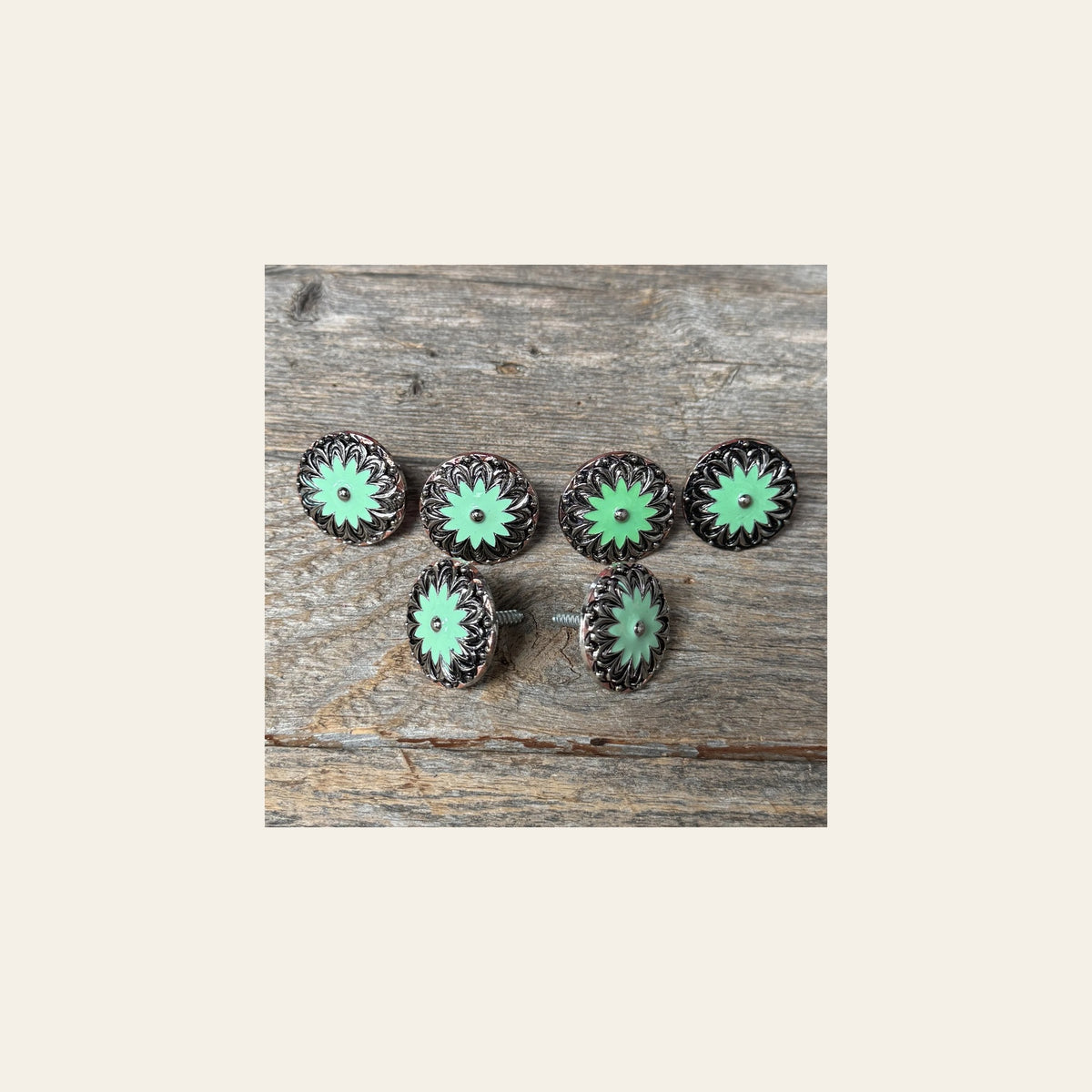 Copper & Antique Silver Turquoise Flower Saddle Set SSW122 on a warm cream background