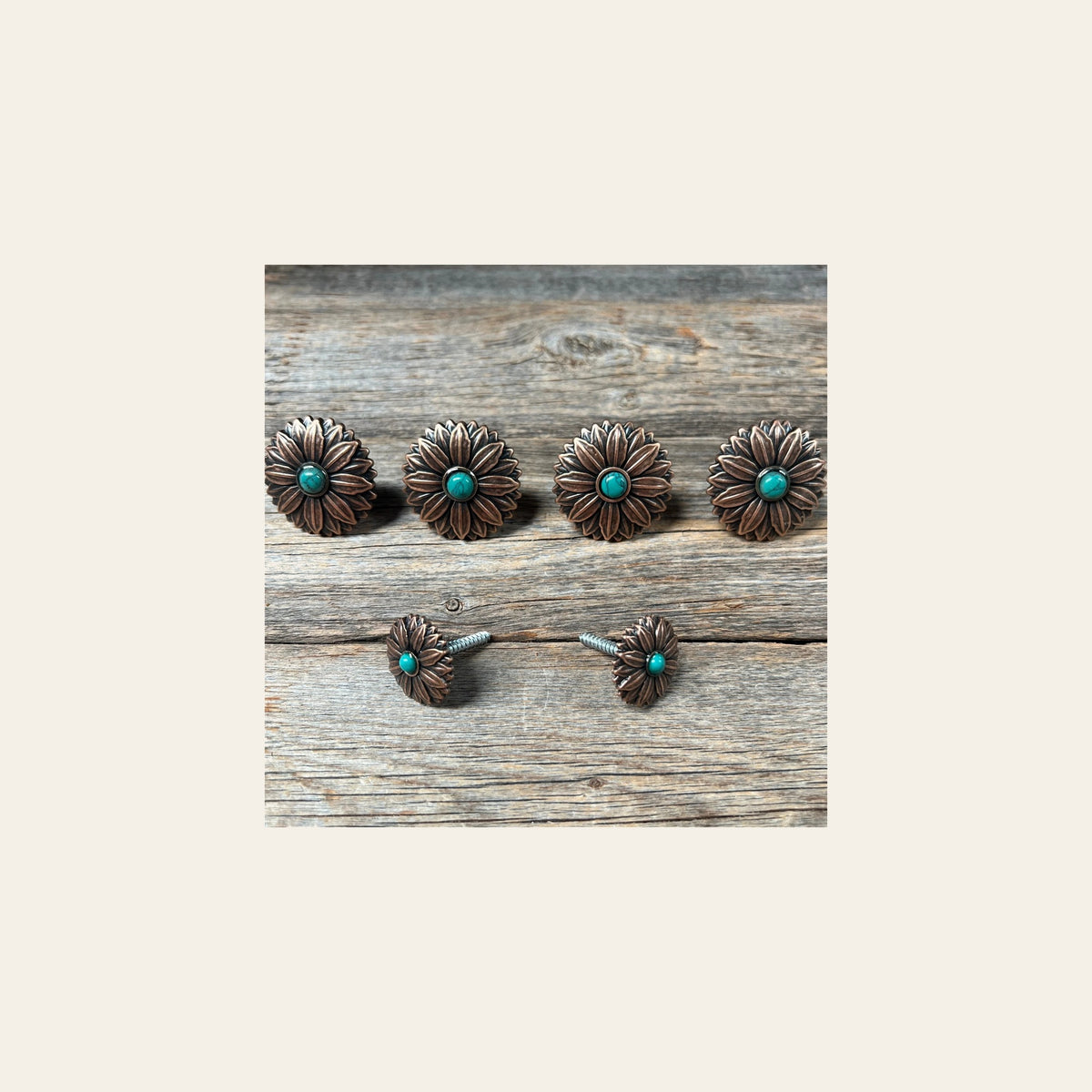 Copper Daisy Turquoise Saddle Set SSW132 on a warm cream background