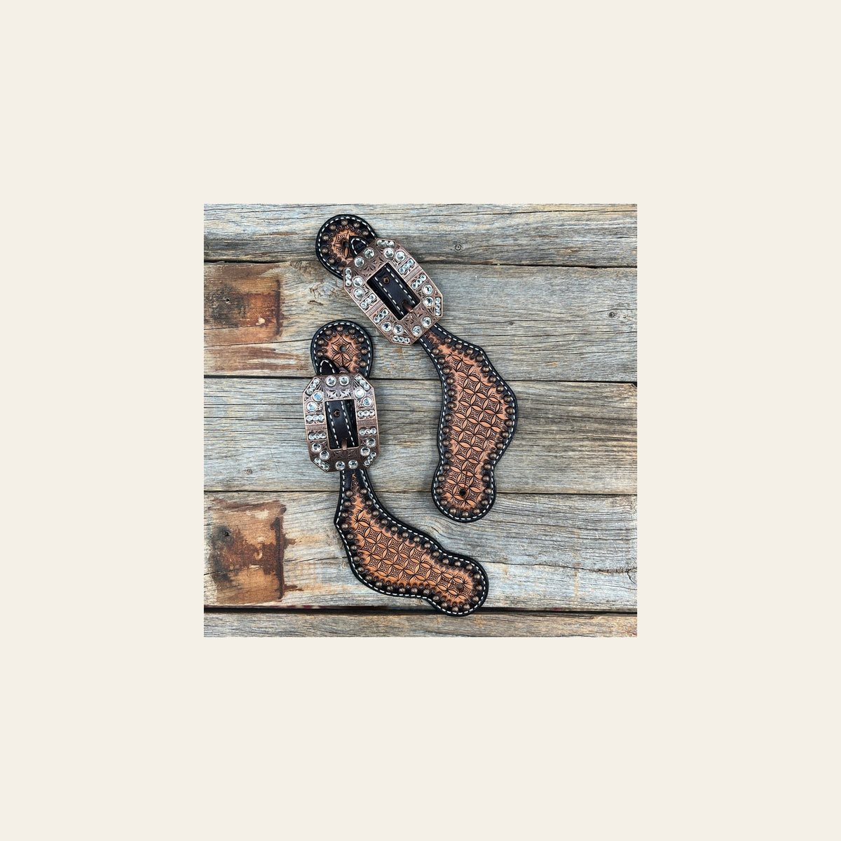 Copper Dot Honeycomb Clear Spur Straps #SS127 on a warm cream background
