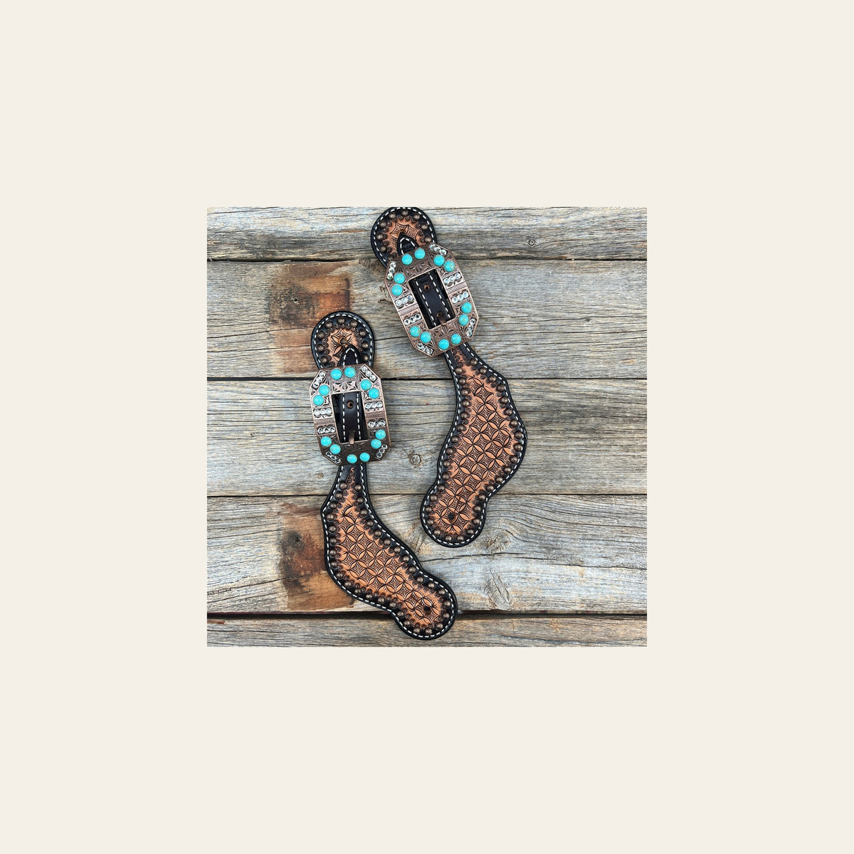 Copper Dot Honeycomb Turquoise, Clear Spur Straps #SS131 on a warm cream background