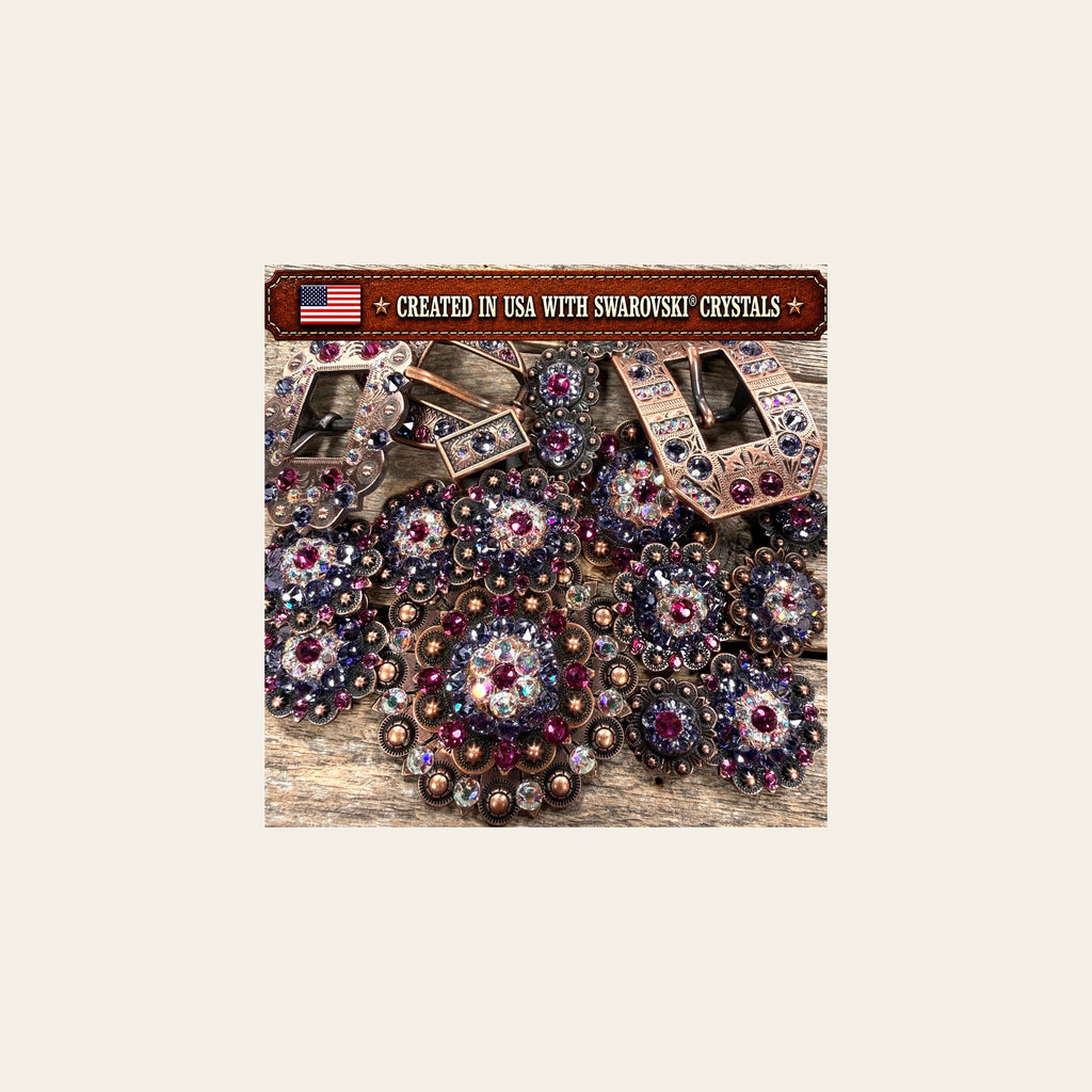 Copper Fuchsia - AB - Lilac Crystal Conchos | Sizes 1"- 3" | Buckles | Saddle Set | Leather Rosettes | Slide on a warm cream background
