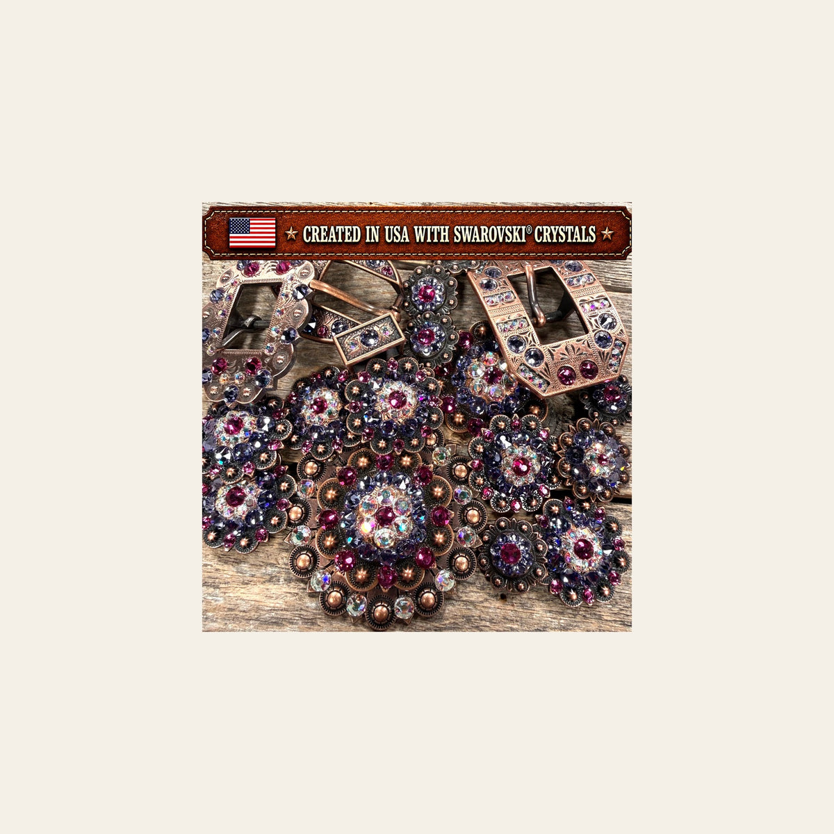 Copper Fuchsia - AB - Lilac Crystal Conchos | Sizes 1"- 3" | Buckles | Saddle Set | Leather Rosettes | Slide on a warm cream background