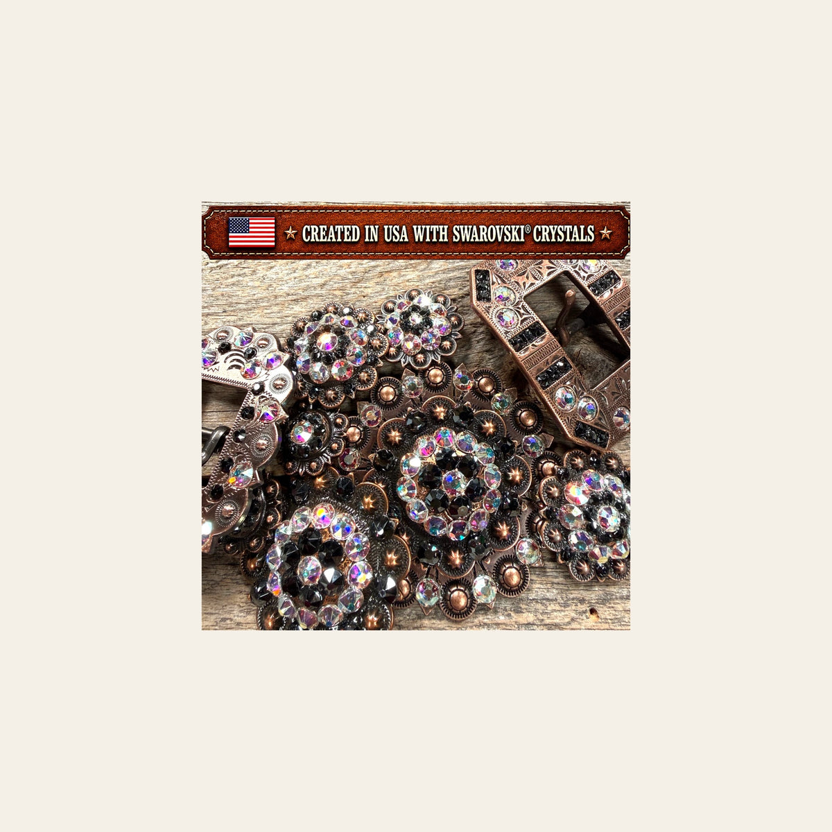 Copper Jet - AB Crystal Conchos | Sizes 1"- 3" | Buckles | Saddle Set | Leather Rosettes | Slide on a warm cream background