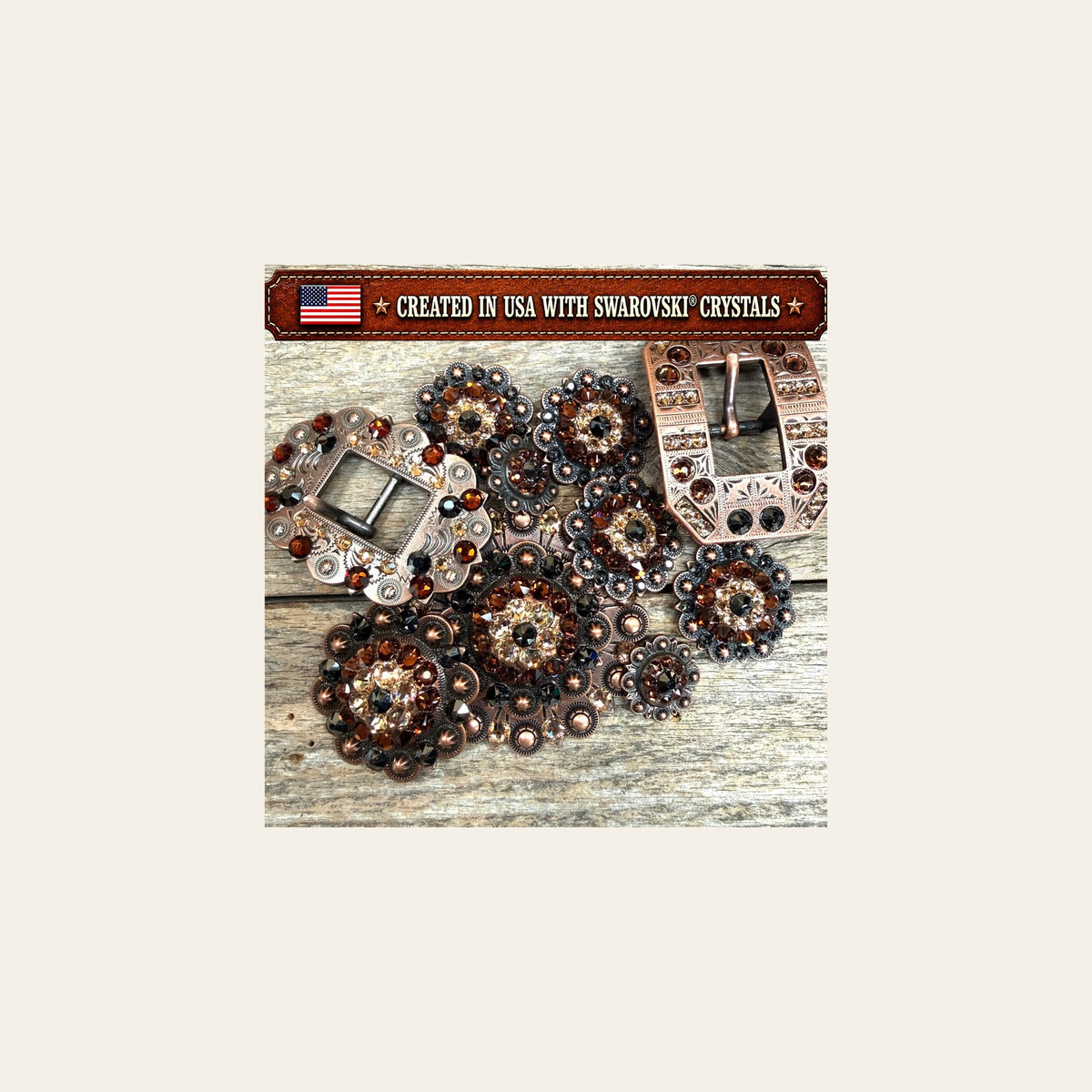 Copper Jet - Champagne - Topaz Crystal Conchos | Sizes 1"- 3" | Buckles | Saddle Set | Leather Rosettes | Slide on a warm cream background