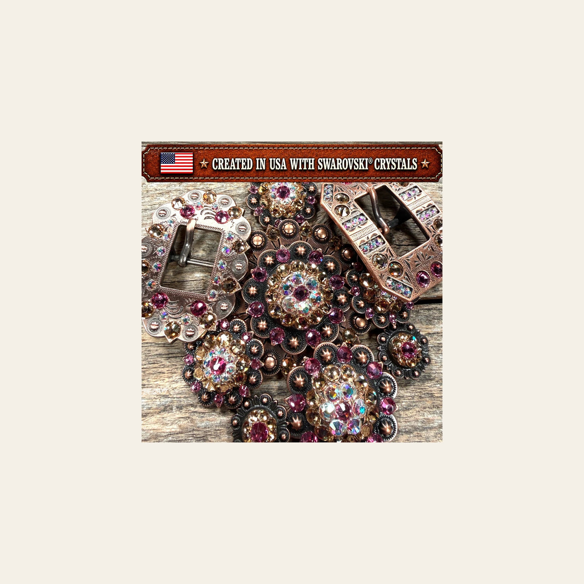 Copper Pink - AB - Champagne Crystal Conchos | Sizes 1"- 3" | Buckles | Saddle Set | Leather Rosettes | Slide on a warm cream background