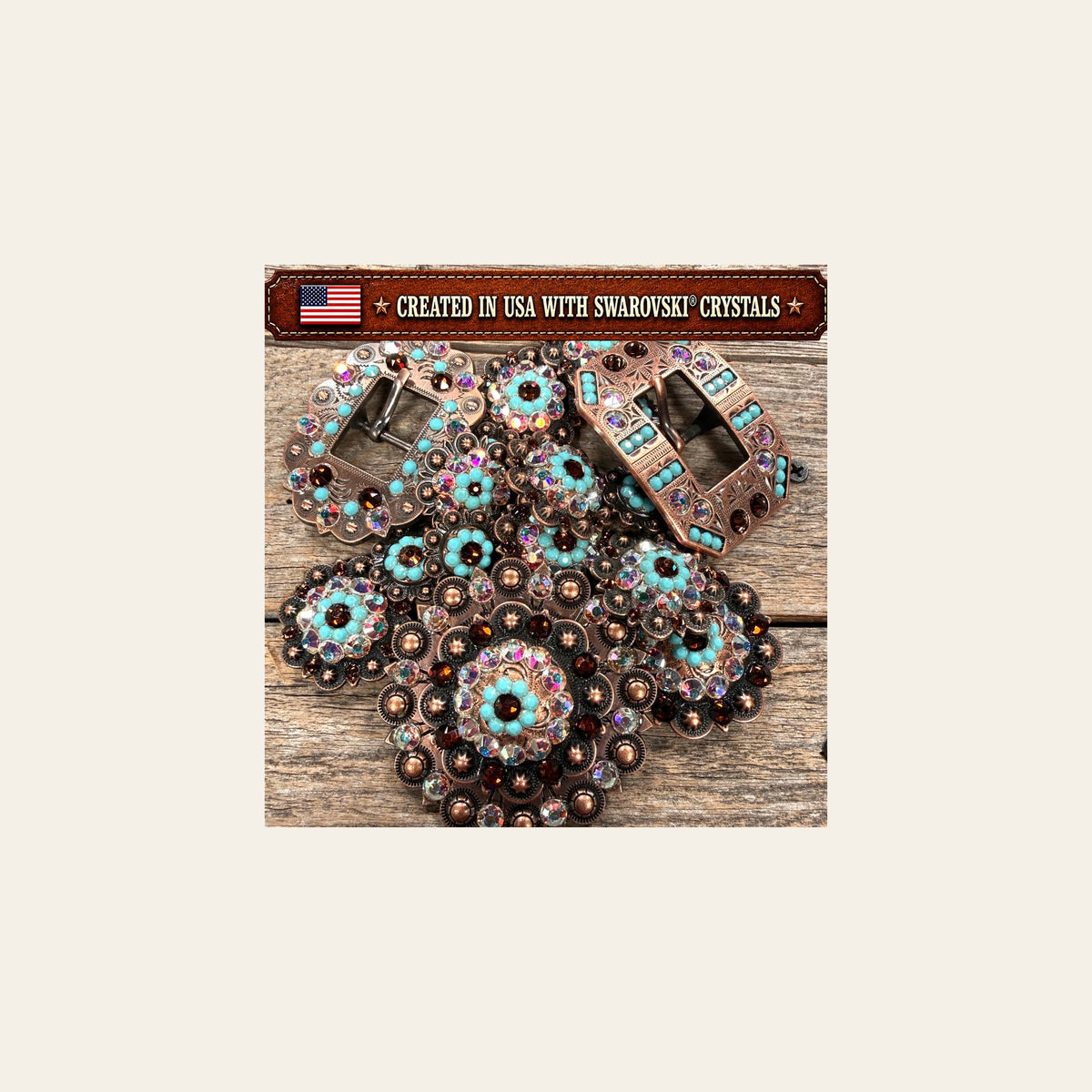 Copper Topaz - Turquoise - AB Crystal Conchos | Sizes 1"- 3" | Buckles | Saddle Set | Leather Rosettes | Slide on a warm cream background