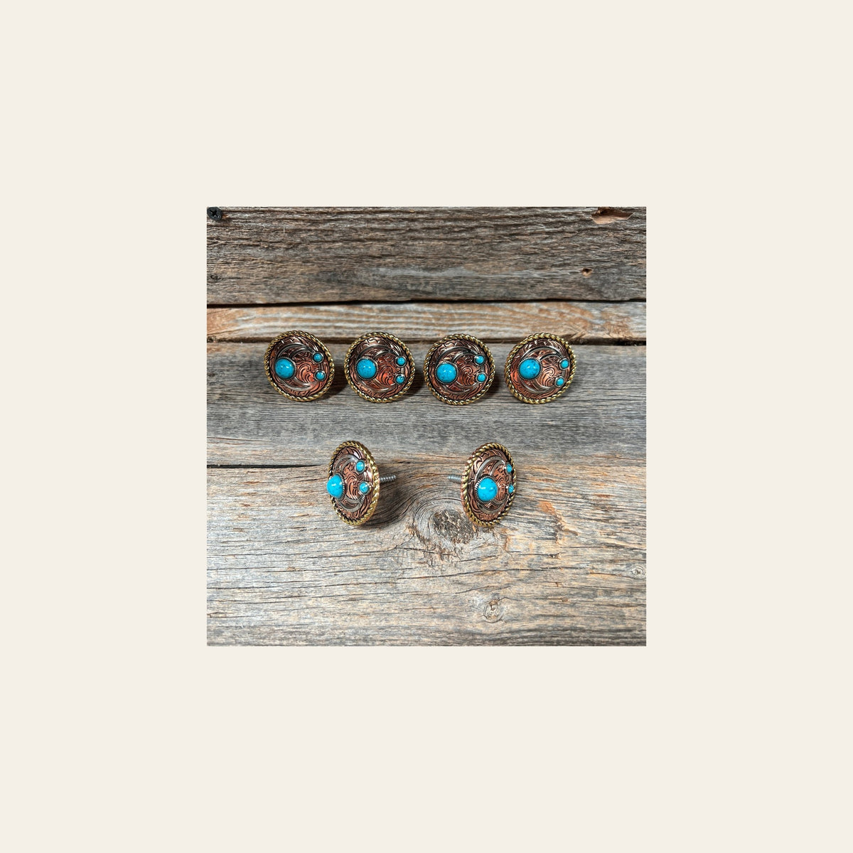 Copper Turquoise Blossom Saddle Set SSW206 on a warm cream background
