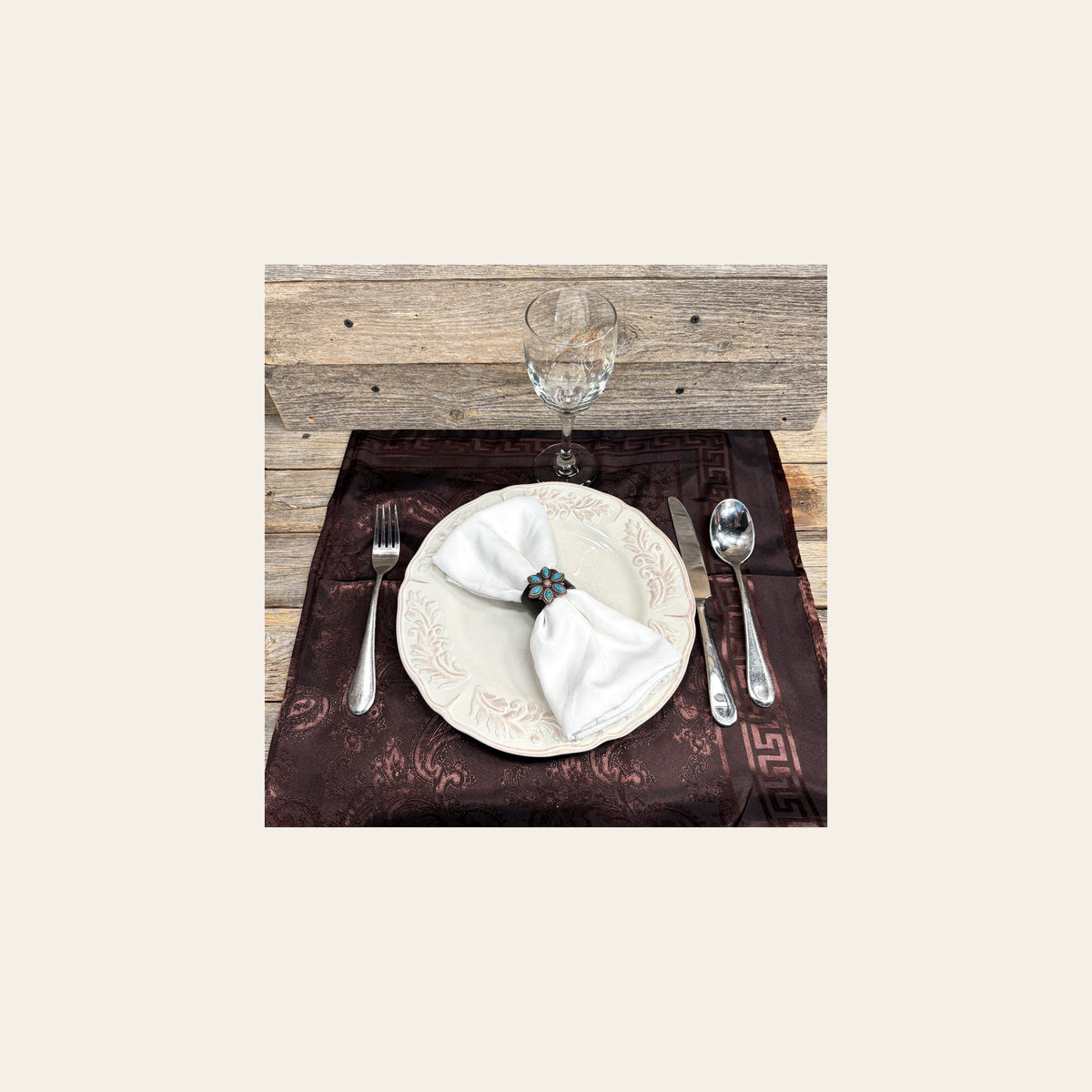 Copper Turquoise Flower Western Concho Napkin Ring #CNR110 on a warm cream background