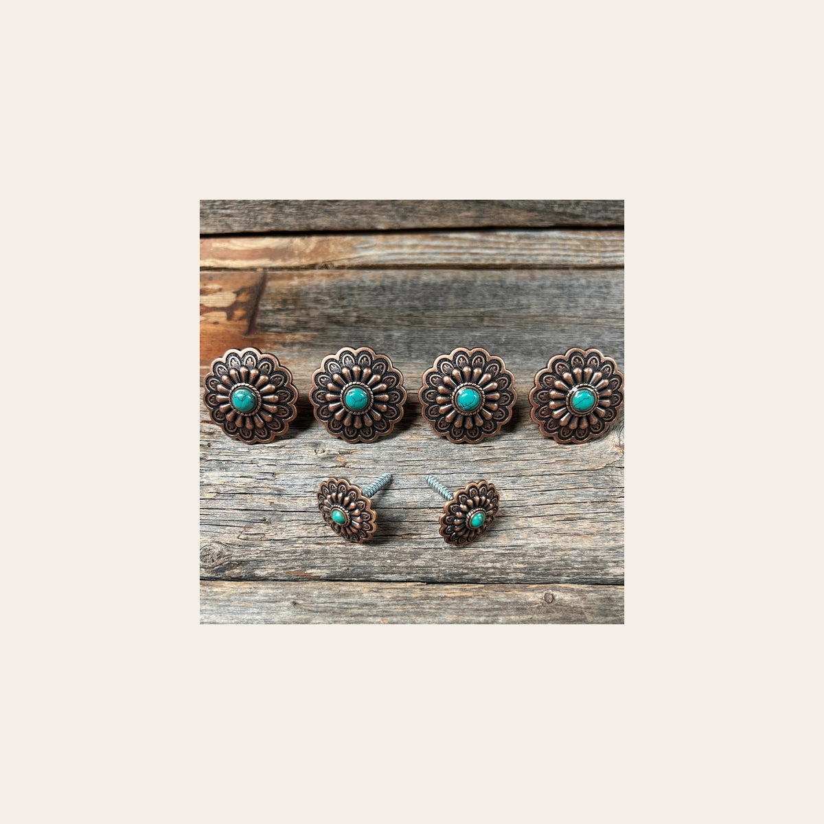 Copper Turquoise Saddle Set SSW103 on a warm cream background