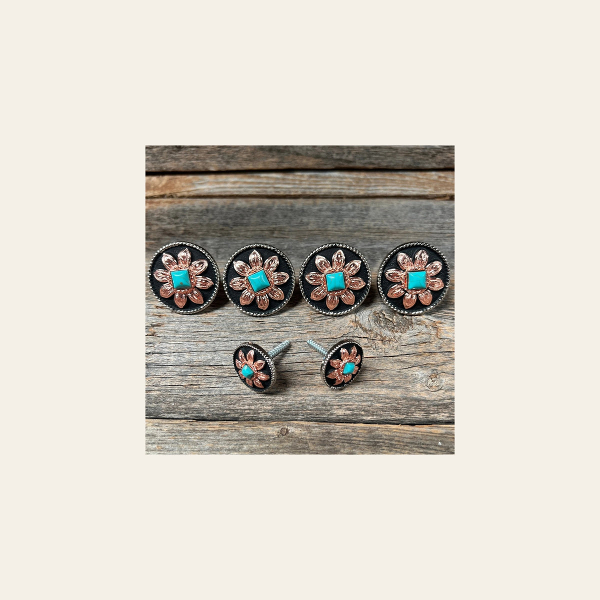 Copper Turquoise Sunflower Saddle Set SSW188 on a warm cream background