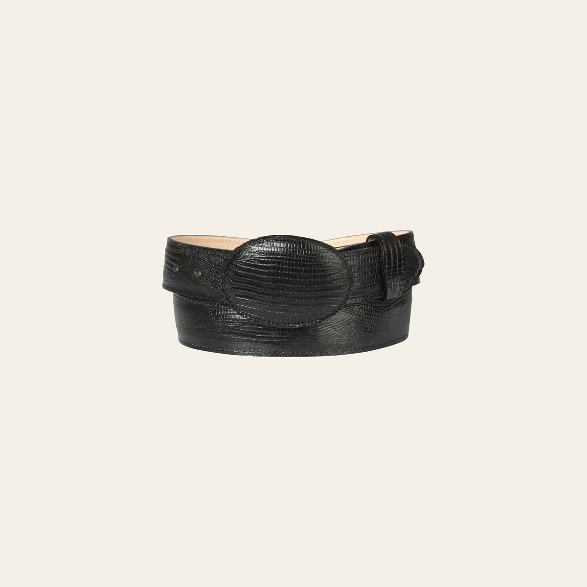 Cowboy Belt - El General - Imitation Lizard - Black 44670 on a warm cream background