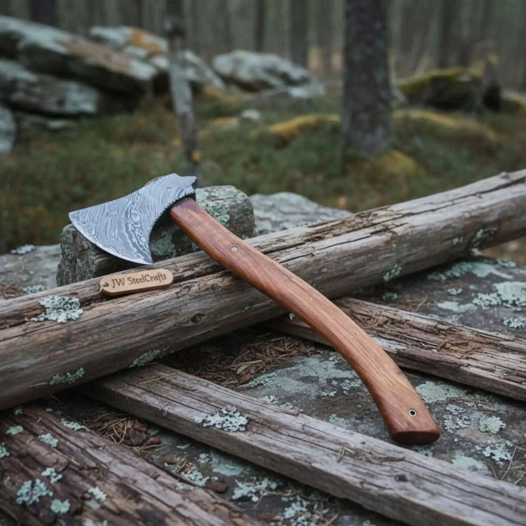 Hand Forged Bushcraft Chopping Axe, Damascus Blade + Ergonomic Curved Handle