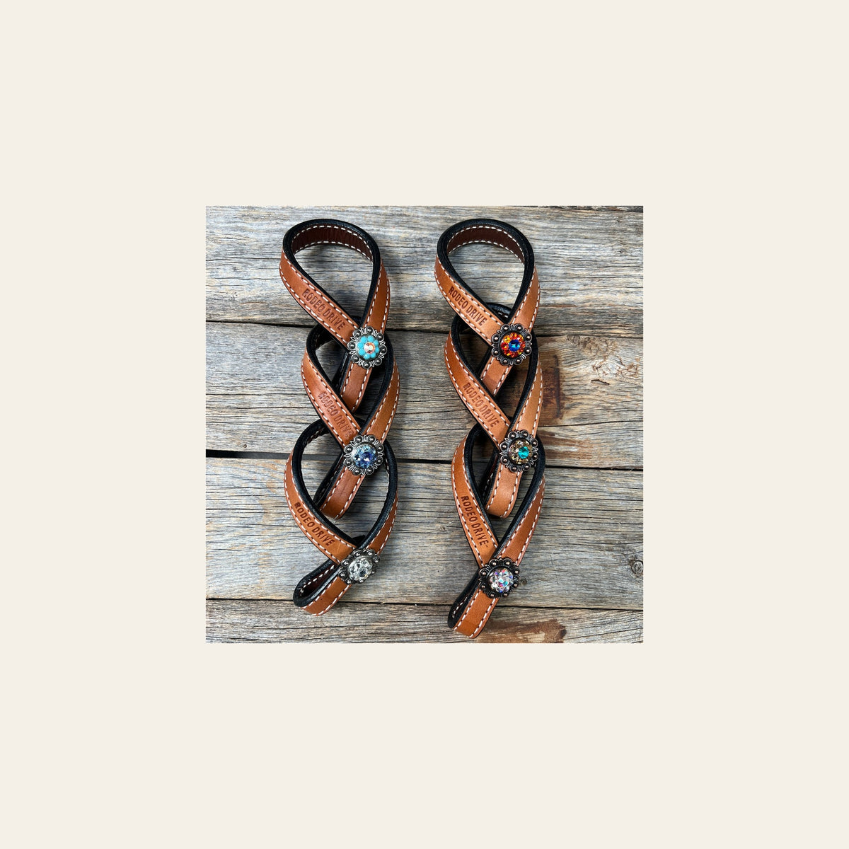 Crystal Light Oil Rustic Tie Down Keepers on a warm cream background