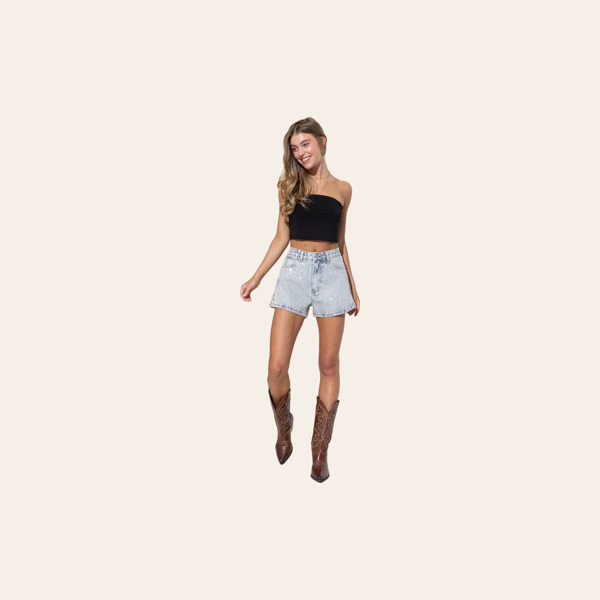 Crystal Pinstripe Light Wash Denim | Shorts on a warm cream background