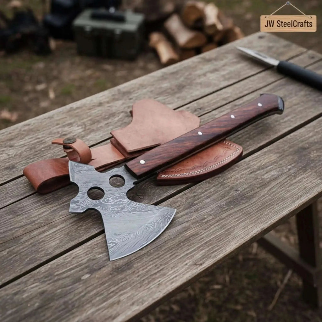 Damascus Tri-Hole Tomahawk with Skeletonized Forged Head