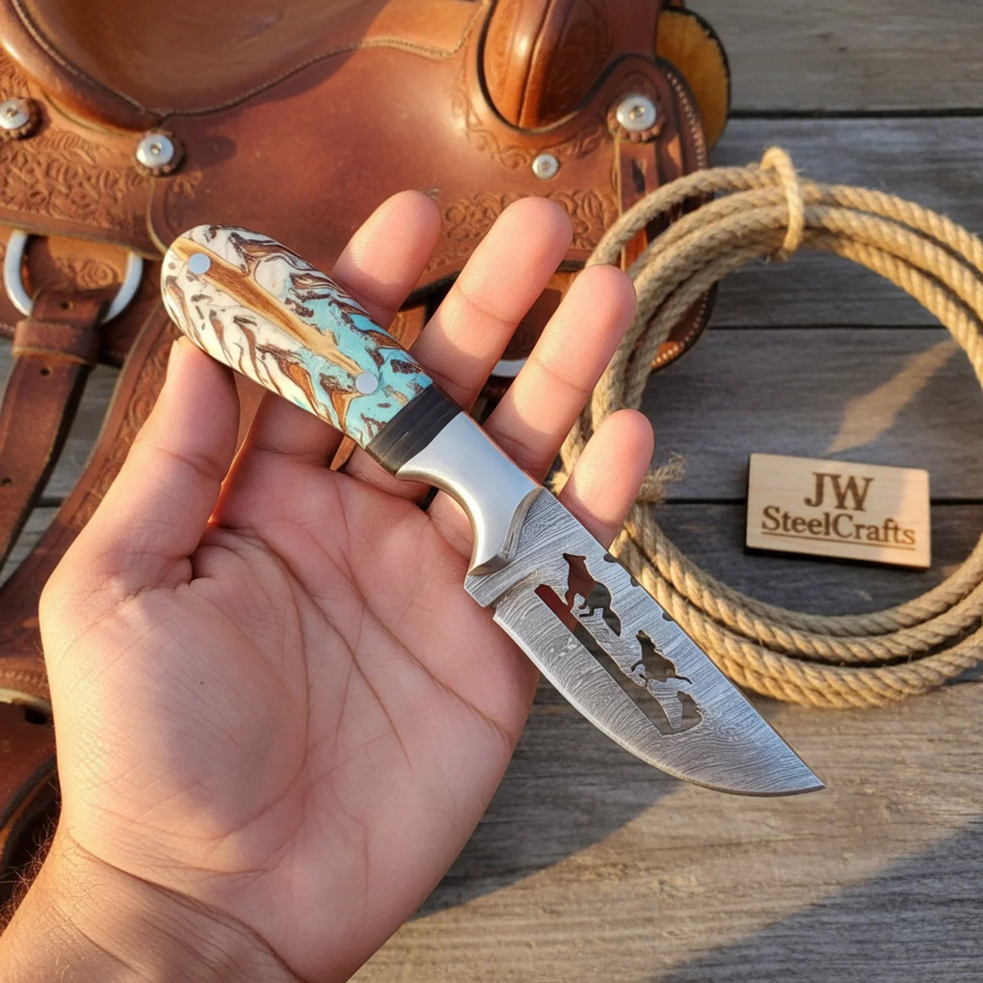 Full Tang Fixed Blade Hunting Knife 7" Resin Handle Steel Bolster Engraved Skinner