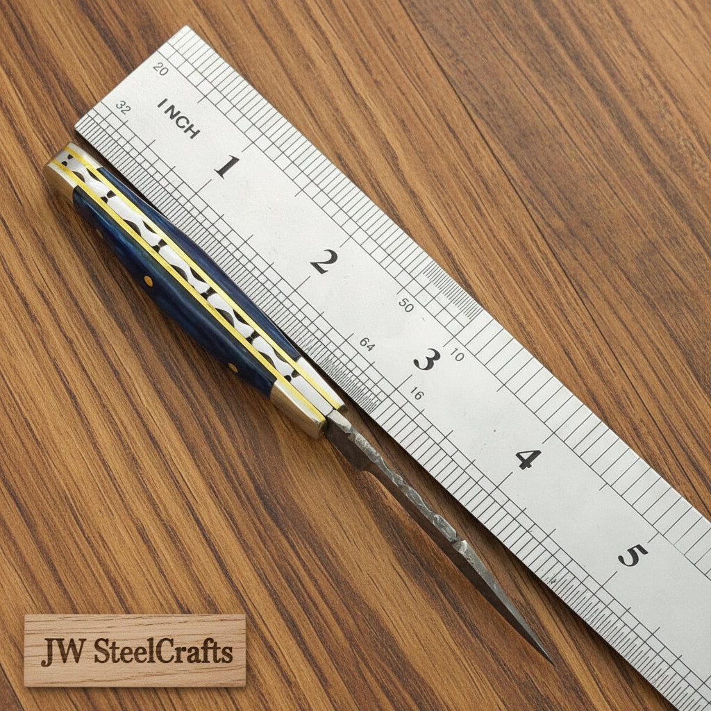Custom Damascus Trapper Folding Knife – Blue Pakka Wood