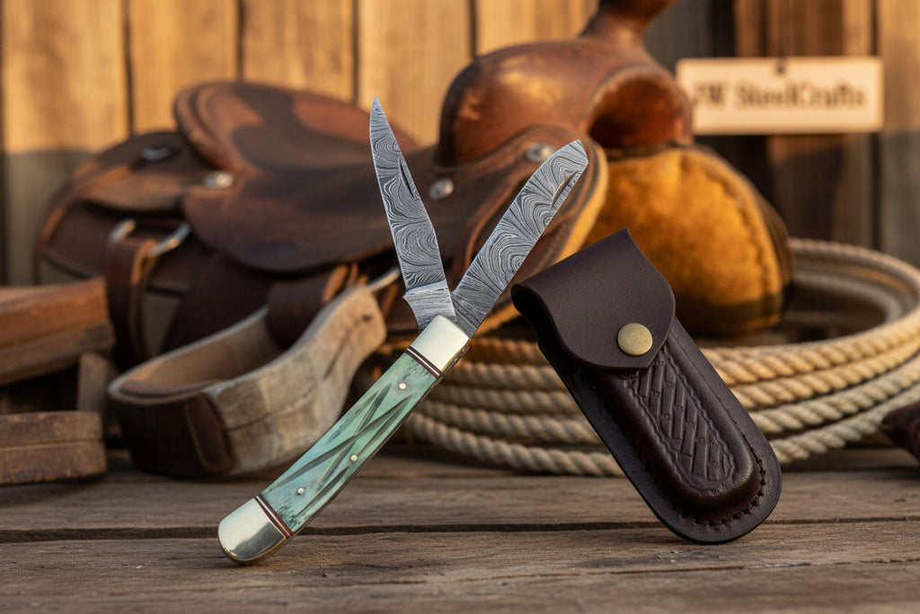 Damascus Trapper Pocket Knife – Two Blade Folding Knife with Green Bone Handle